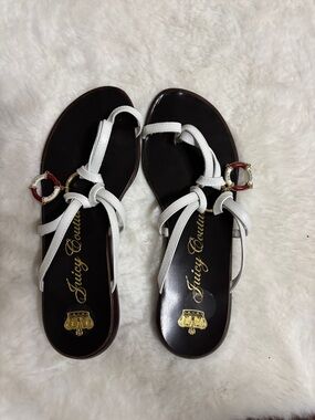 RARE Juicy Couture White Leather Strappy Sandals with Gold Accents